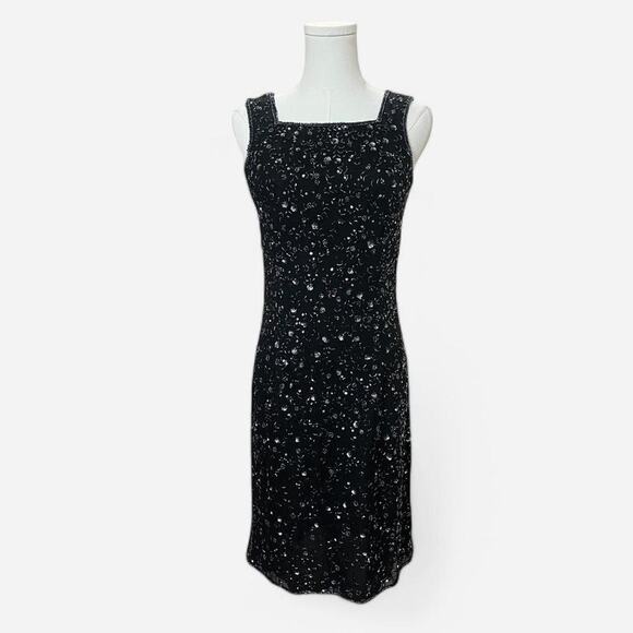 VTG 90s Phoebe Black & Gunmetal Silk Floral Beaded Sparkly Sequin Mini Dress 2 - Picture 2 of 8